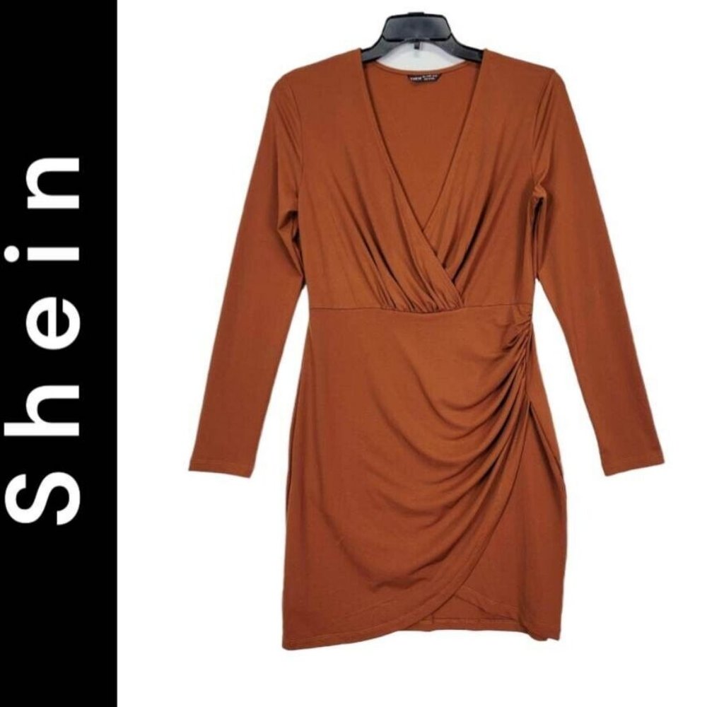 SheIn Women Brown Long Sleeves Dress Ruffle Size Large